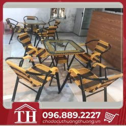 Bộ bàn ghế cafe ngoài trời khung sắt bọc mây nhựa